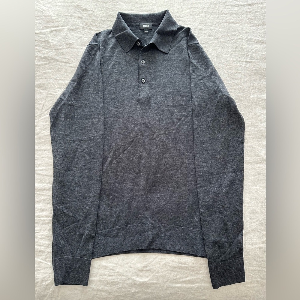 Uniqlo Fine Merino Wool Long-Sleeve Polo - Gray